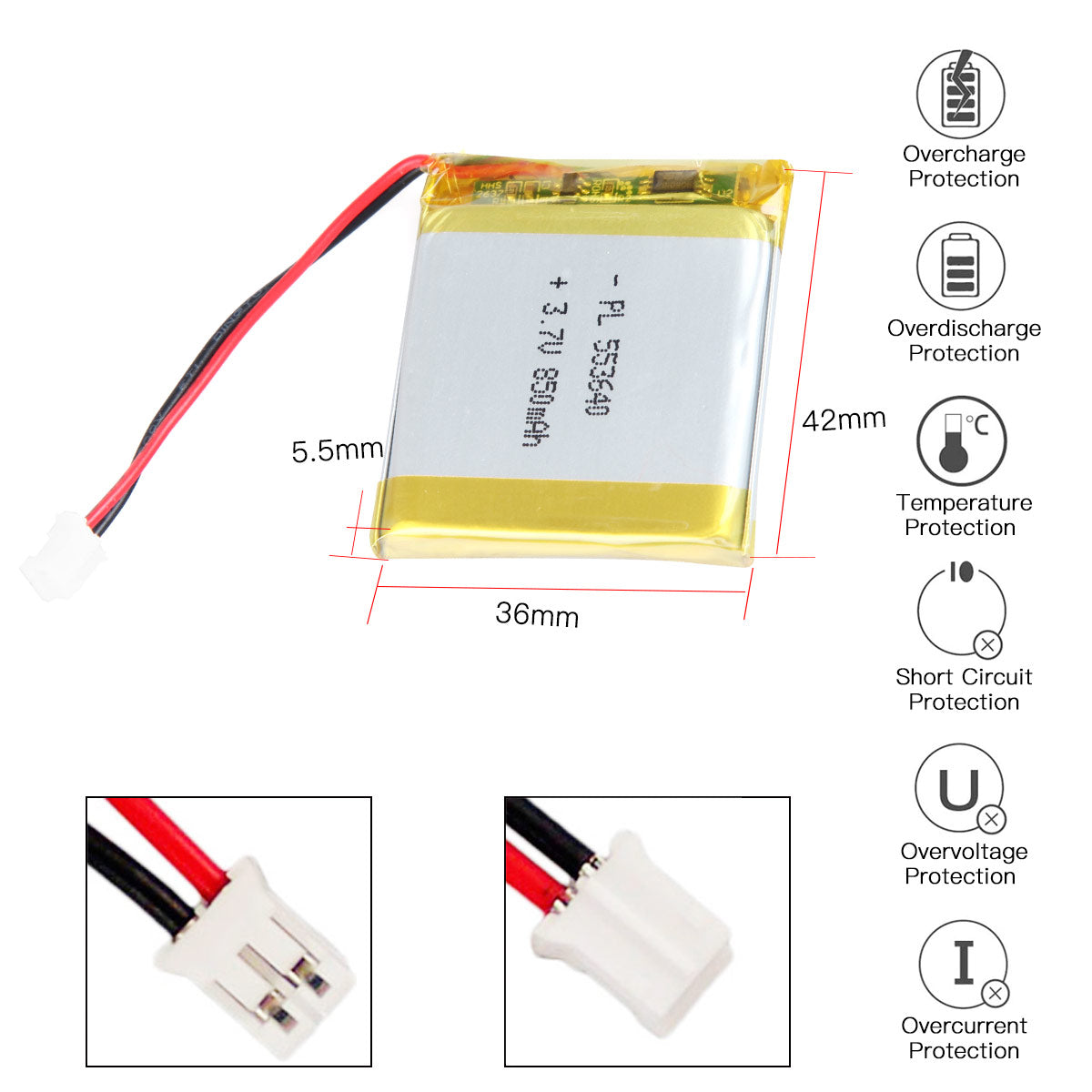 YDL 3.7V 850mAh 553640 充電式リポバッテリー 長さ 42mm
