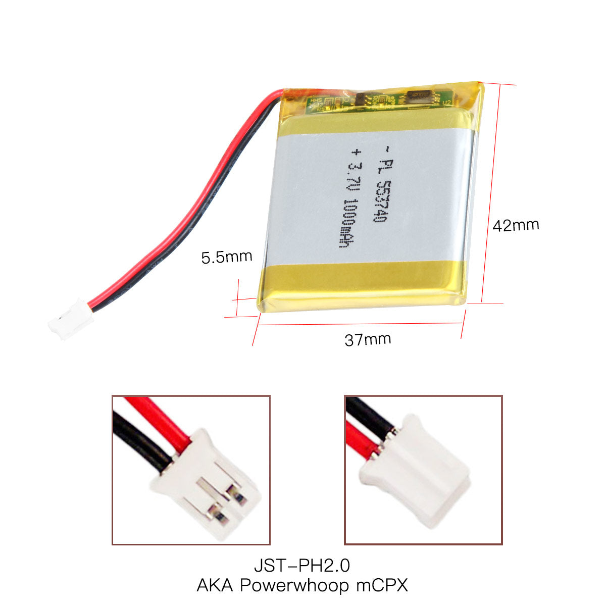 YDL 3.7V 1000mAh 553740 충전식 리튬 폴리머 배터리 길이 42mm