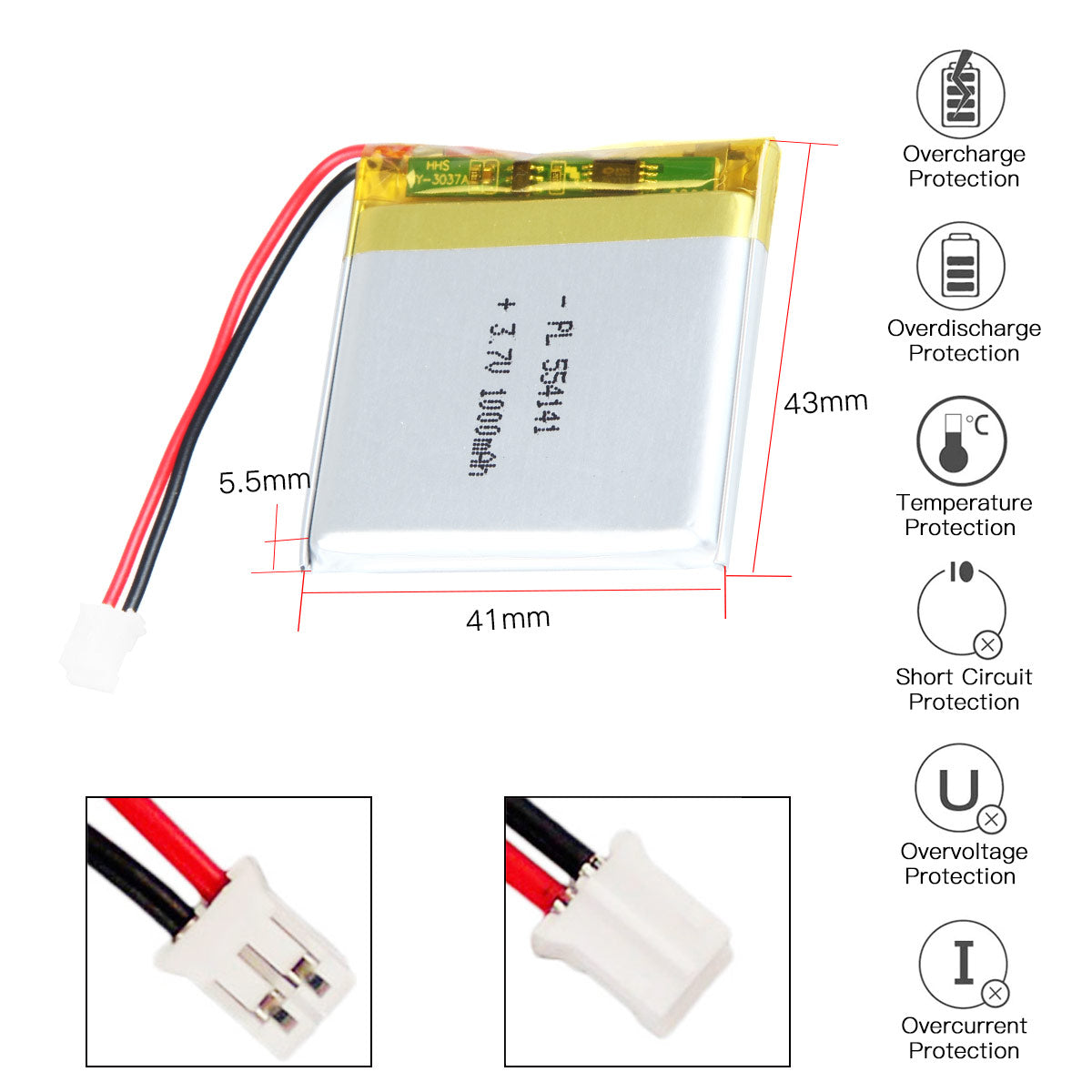 YDL 3.7V 1000mAh 554141 충전식 리튬 폴리머 배터리 길이 43mm