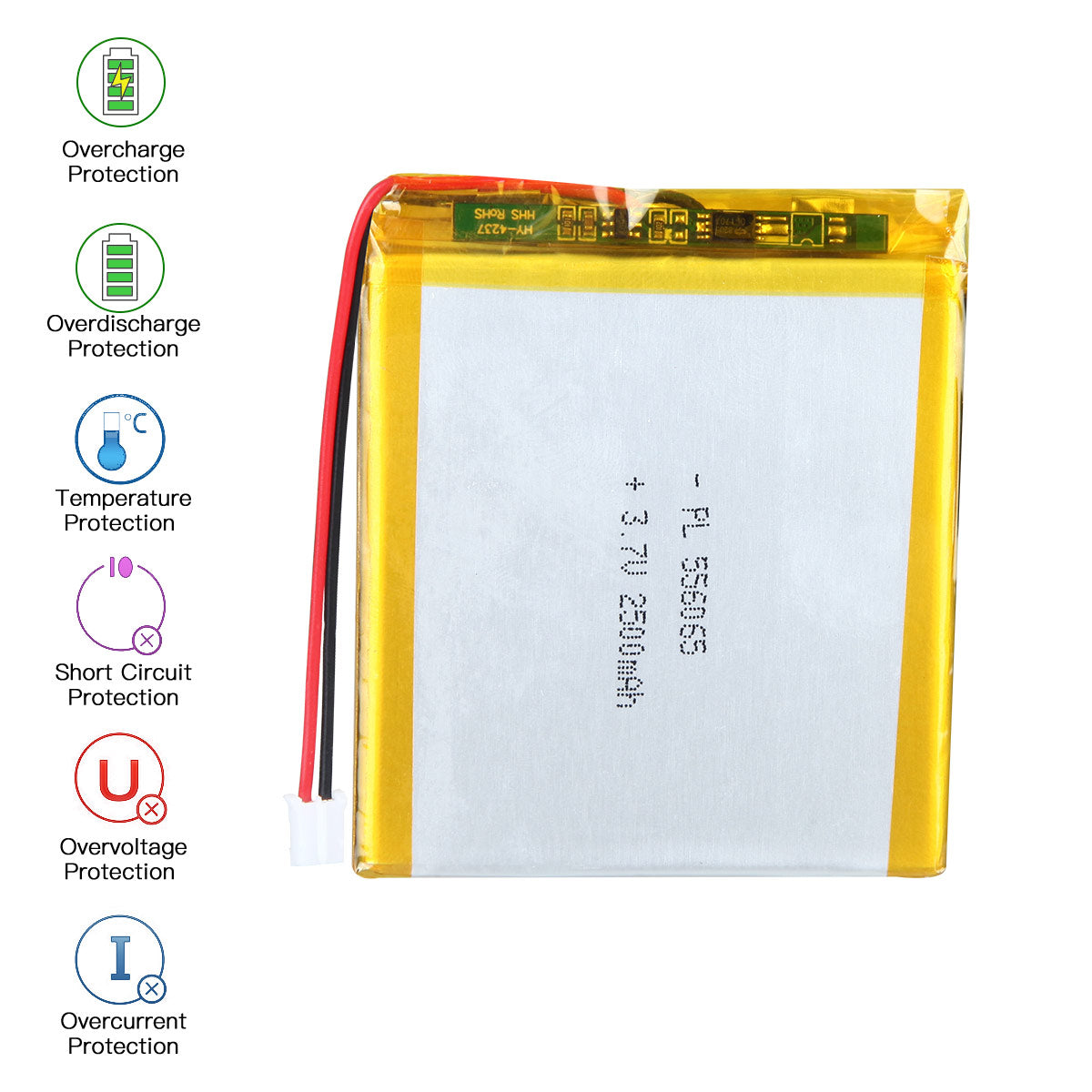 YDL 3.7V 2500mAh 556065 Rechargeable Lipo Battery with JST Connector - YDL Battery