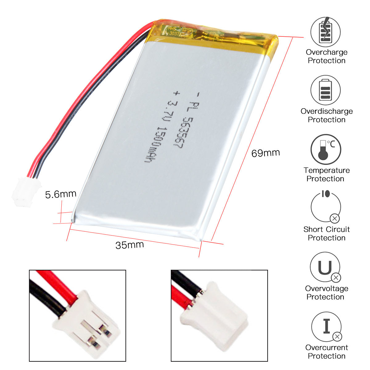 YDL 3.7V 1500mAh 563567 充電式リチウムポリマー電池 長さ 69mm