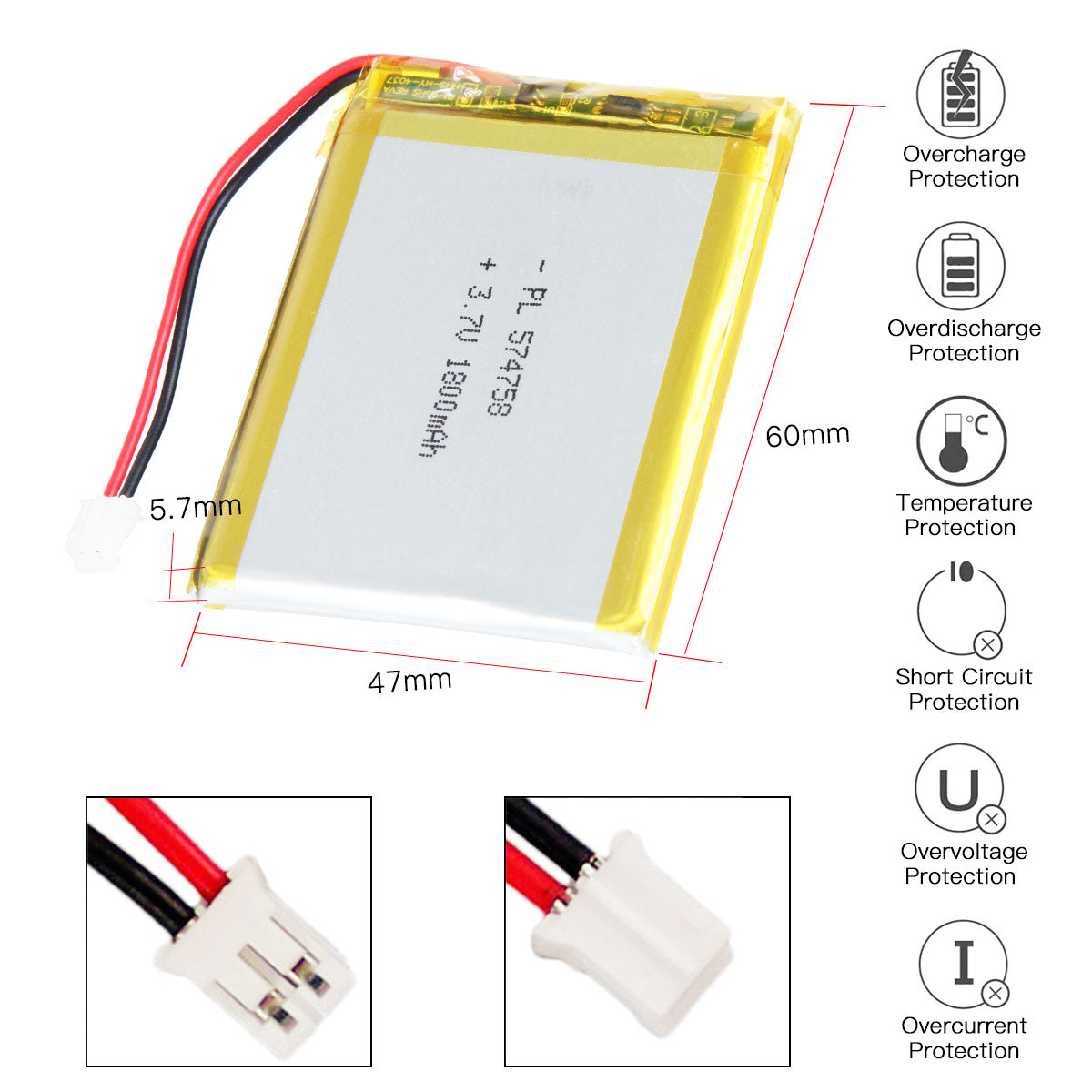 YDL 3.7V 1800mAh 574758 充電式リチウムポリマー電池 長さ 60mm