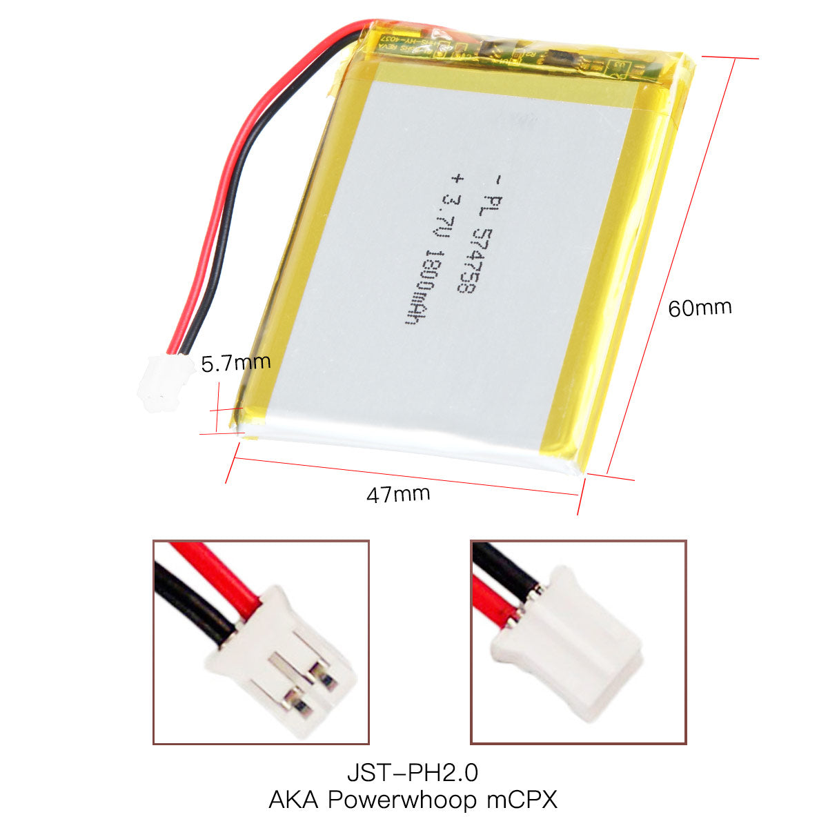 YDL 3.7V 1800mAh 574758 充電式リチウムポリマー電池 長さ 60mm