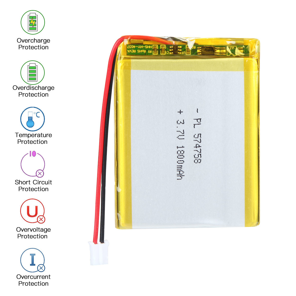 YDL 3.7V 1800mAh 574758 充電式リチウムポリマー電池 長さ 60mm