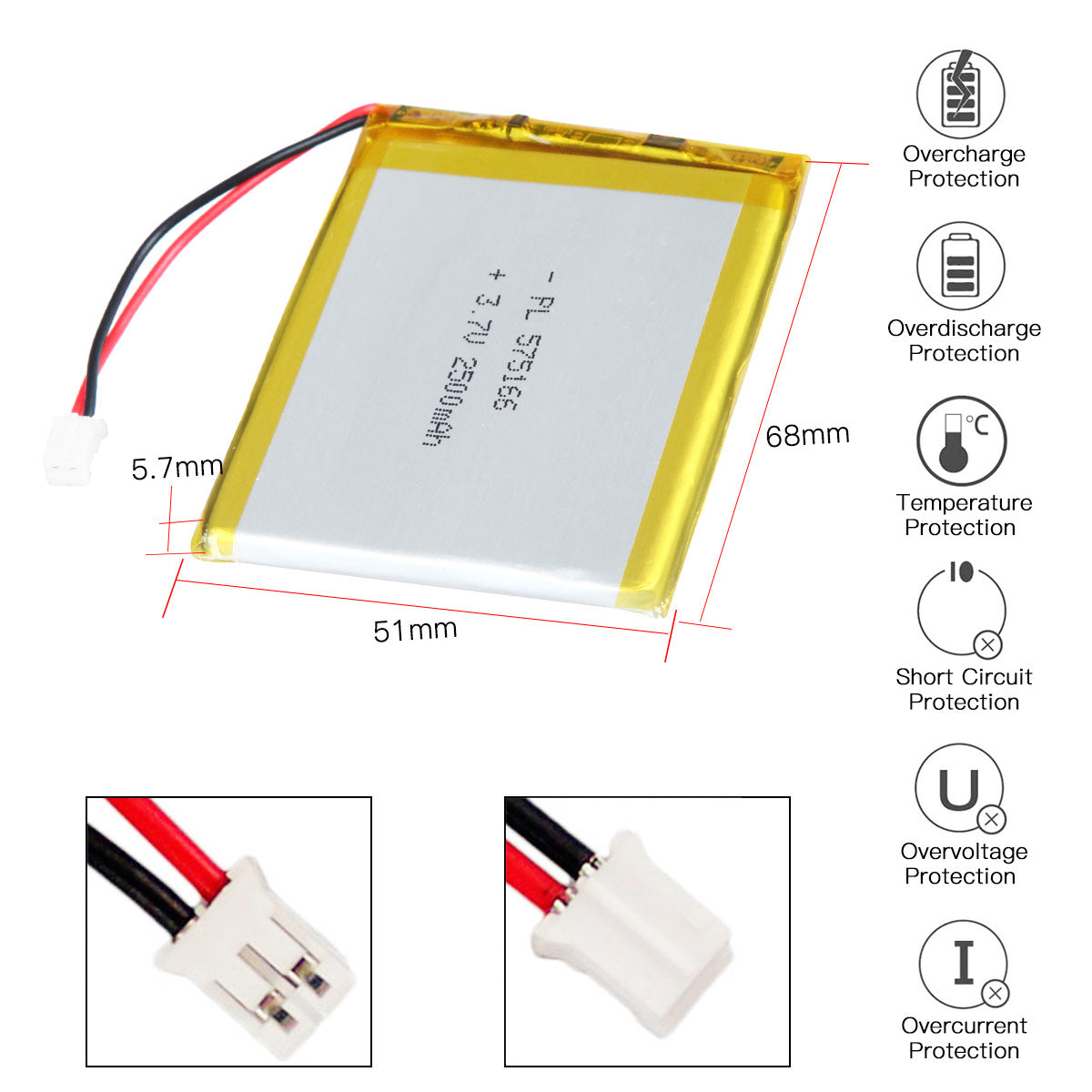 YDL 3.7V 2500mAh 575166 충전식 리튬 폴리머 배터리 길이 68mm