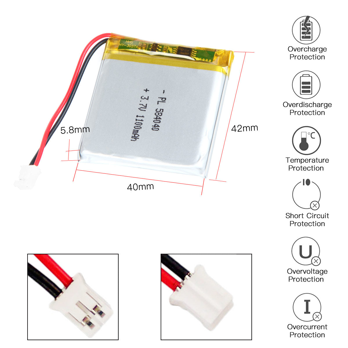 YDL 3.7V 1100mAh 584040 충전식 리튬 폴리머 배터리 길이 42mm