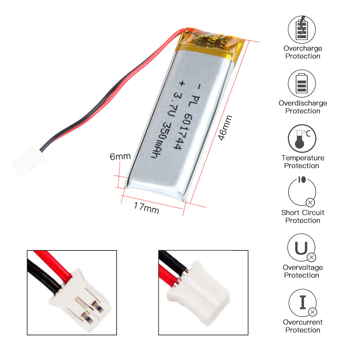 YDL 3.7V 350mAh 601744 충전식 리튬 폴리머 배터리 길이 46mm