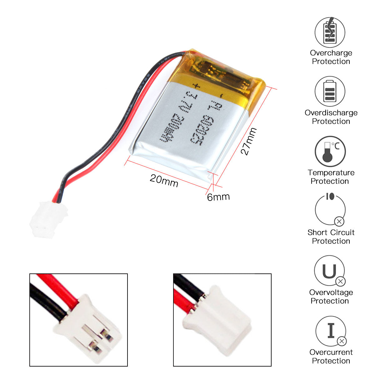 YDL 3.7V 200mAh 602025 충전식 폴리머 리튬 이온 배터리 길이 27mm