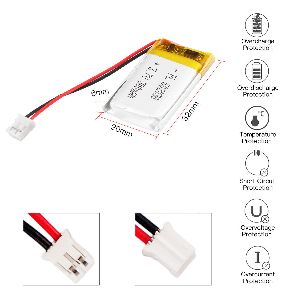 YDL 3.7V 300mAh 602030 Rechargeable Lipo battery with JST Connector - YDL Battery