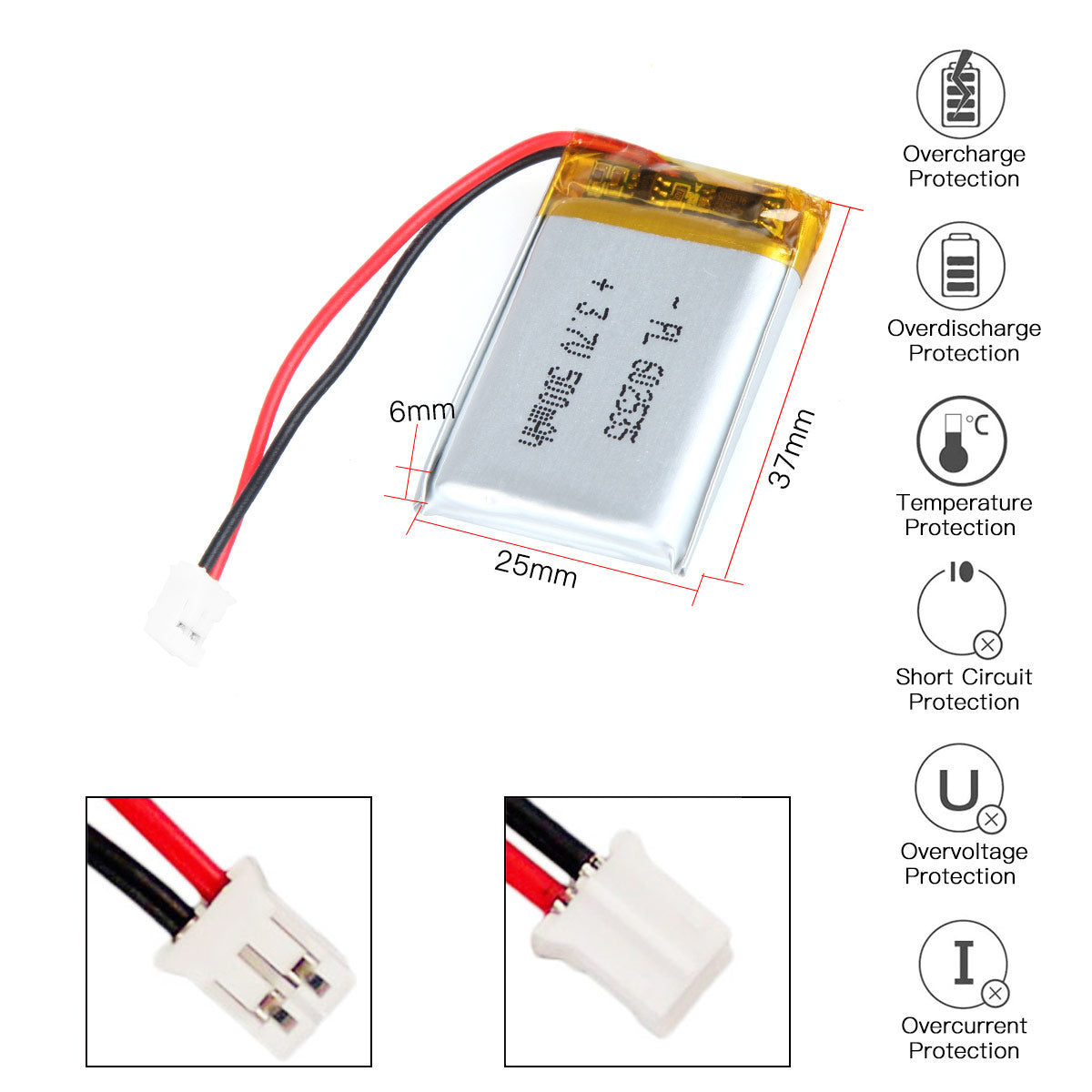 YDL 3.7V 500mAh 602535 充電式リチウムポリマー電池 長さ 37mm