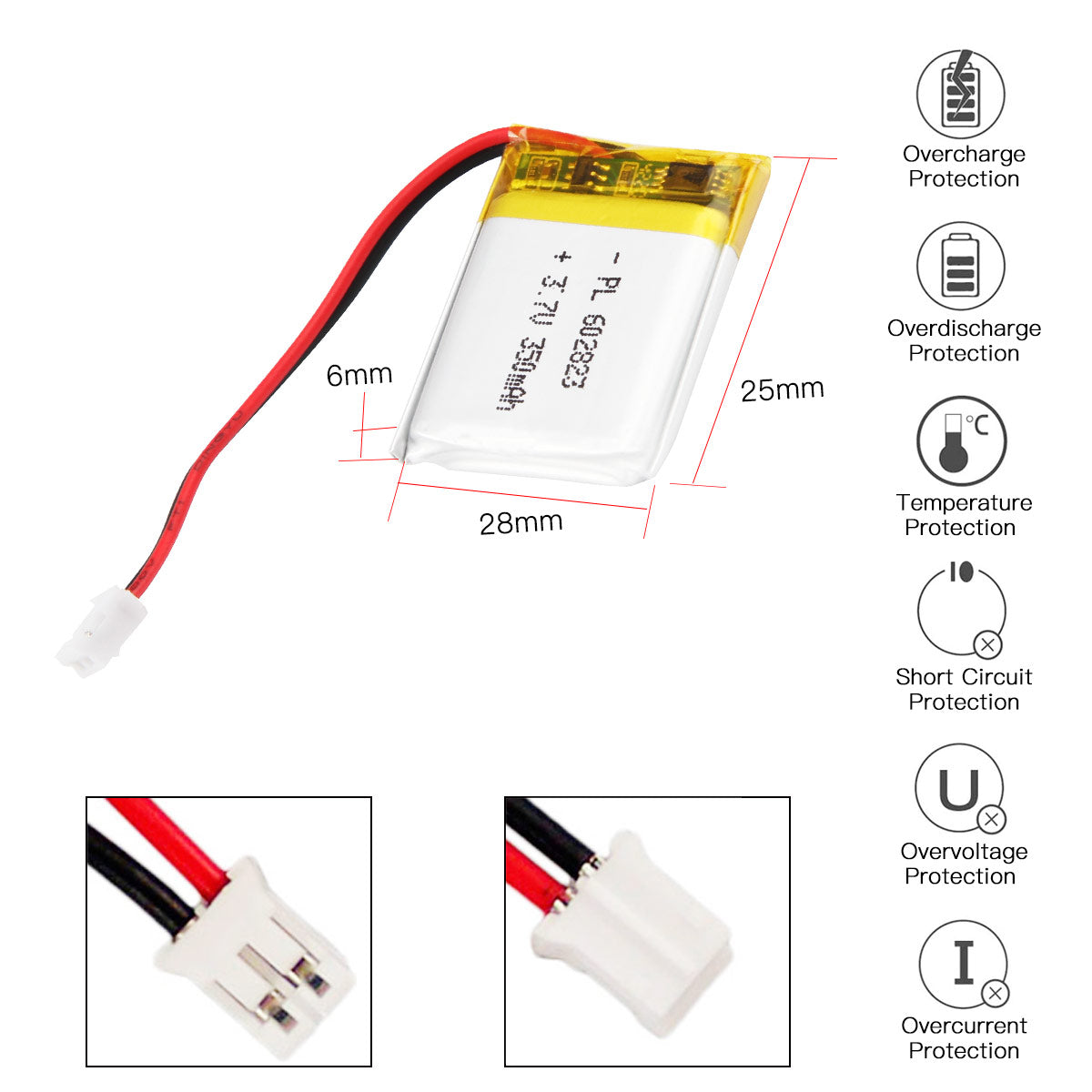 YDL 3.7V 350mAh 602823 充電式リチウムポリマー電池 長さ 25mm