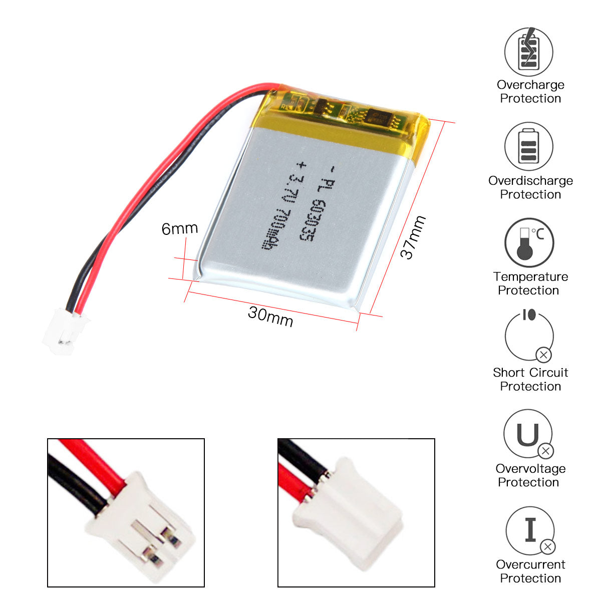 YDL 3.7V 700mAh 603035 충전식 폴리머 리튬 이온 배터리 길이 37mm