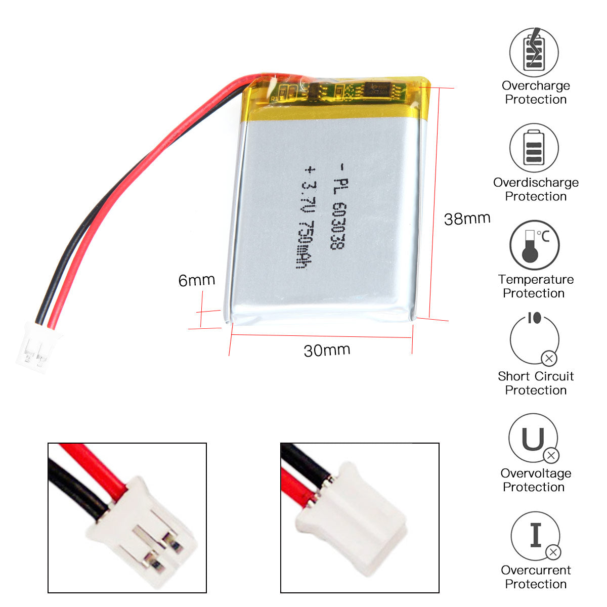 YDL 3.7V 750mAh 603038 충전식 폴리머 리튬 이온 배터리 길이 40mm