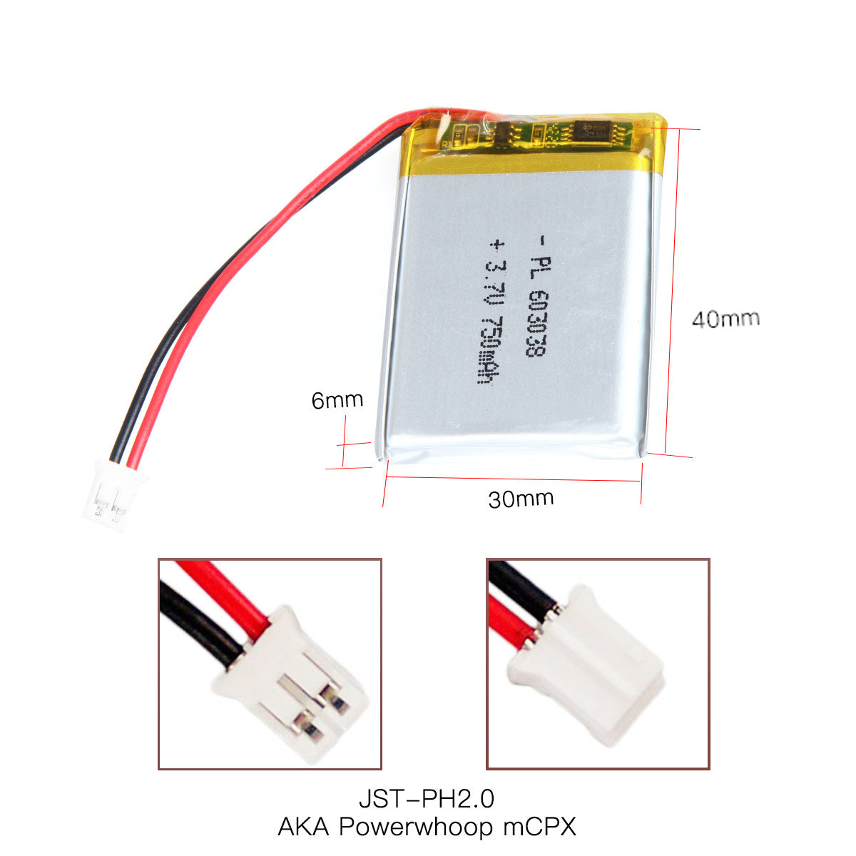 YDL 3.7V 750mAh 603038 충전식 폴리머 리튬 이온 배터리 길이 40mm