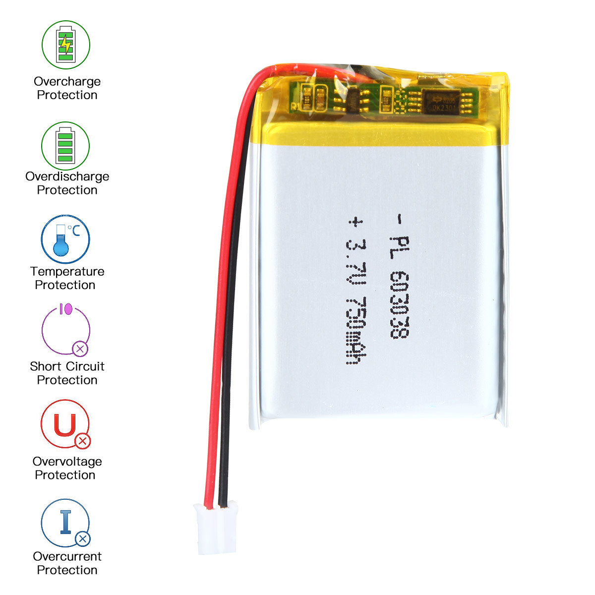 YDL 3.7V 750mAh 603038 충전식 폴리머 리튬 이온 배터리 길이 40mm