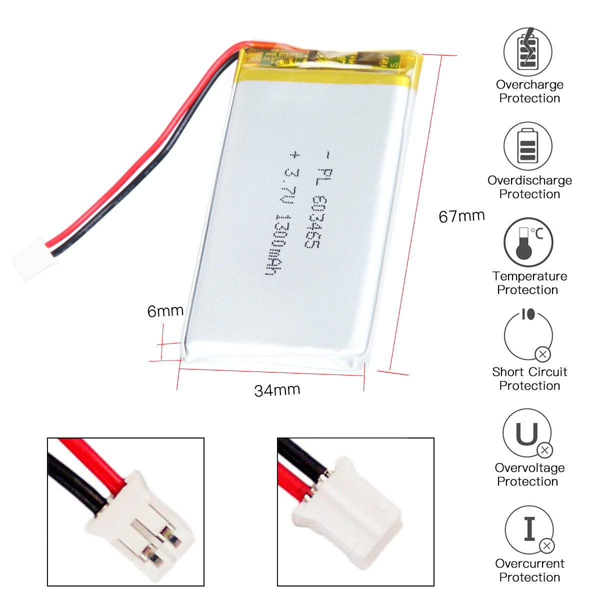 YDL 3.7V 1300mAh 603465 充電式リチウムポリマー電池