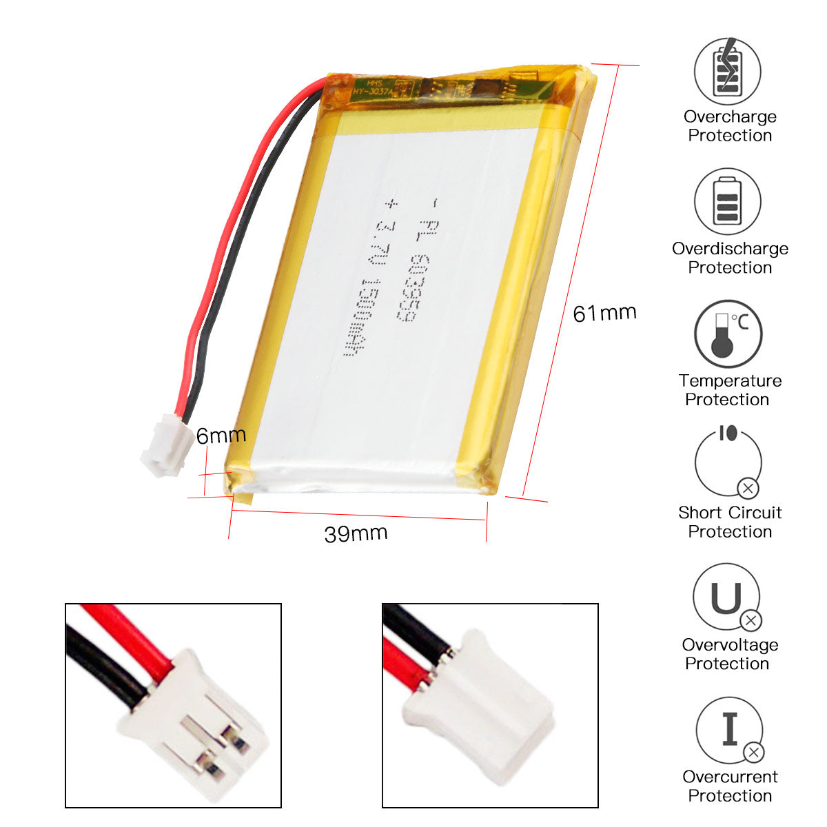 3.7V 1500mAh 603959 充電式リチウム ポリマー電池長さ 61mm
