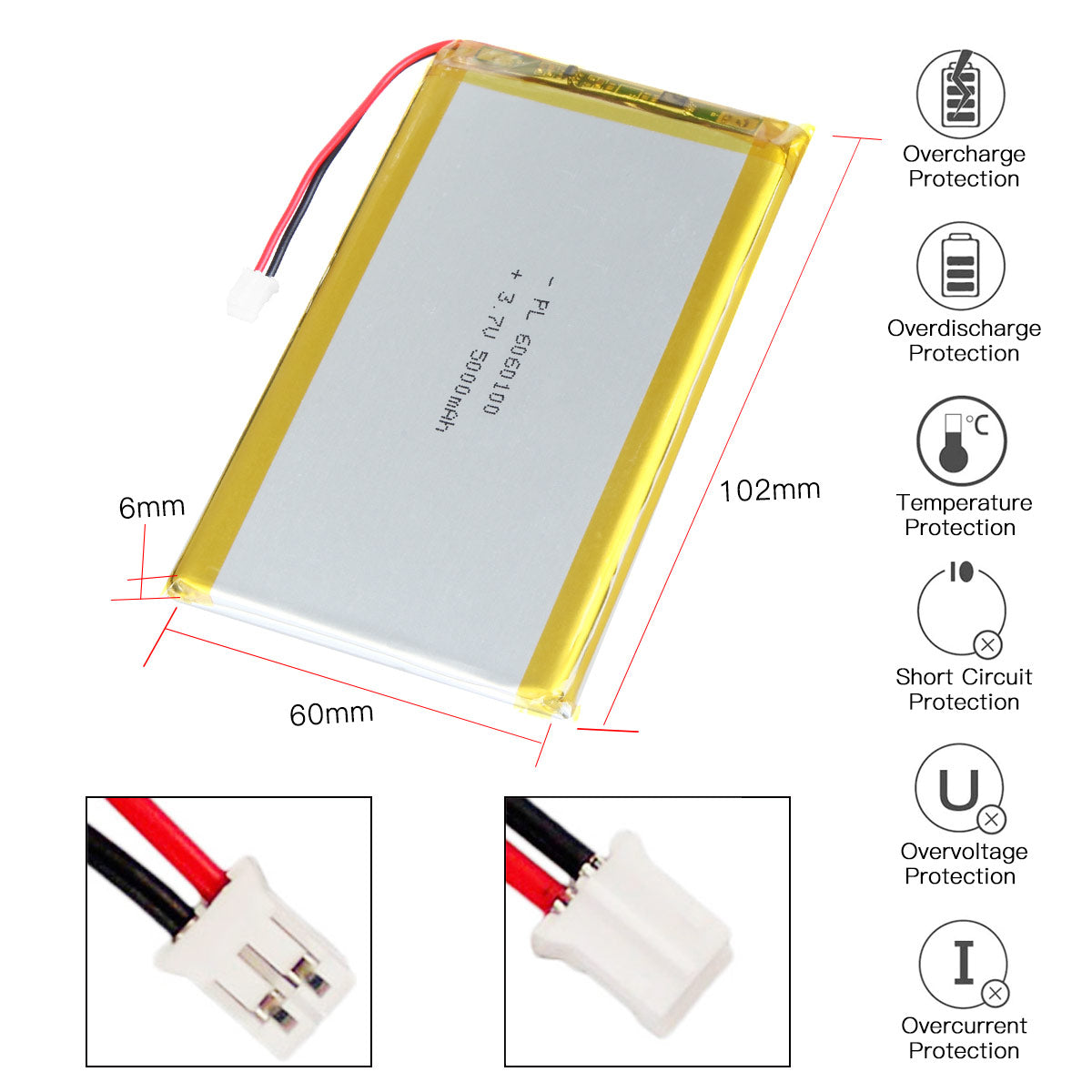 YDL 6060100 3.7 v 5000mAh 충전식 리튬 폴리머 배터리 길이 102mm