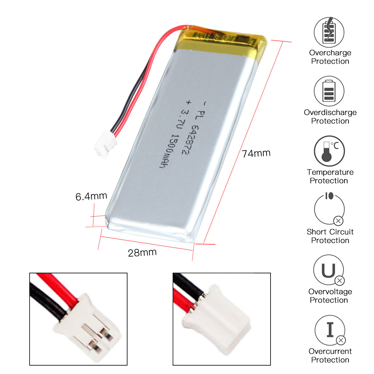 YDL 3.7V 1500mAh 642872 充電式リチウムポリマー電池 長さ 74mm