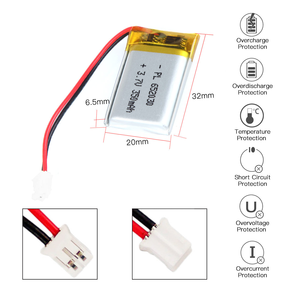 YDL 3.7V 350mAh 652030 充電式リチウムポリマー電池 長さ 32mm