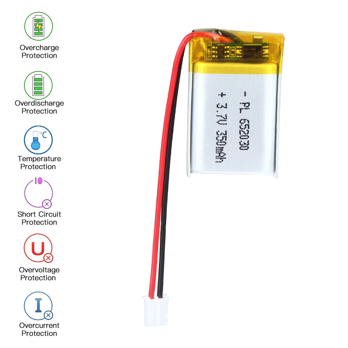 YDL 3.7V 350mAh 652030 充電式リチウムポリマー電池 長さ 32mm