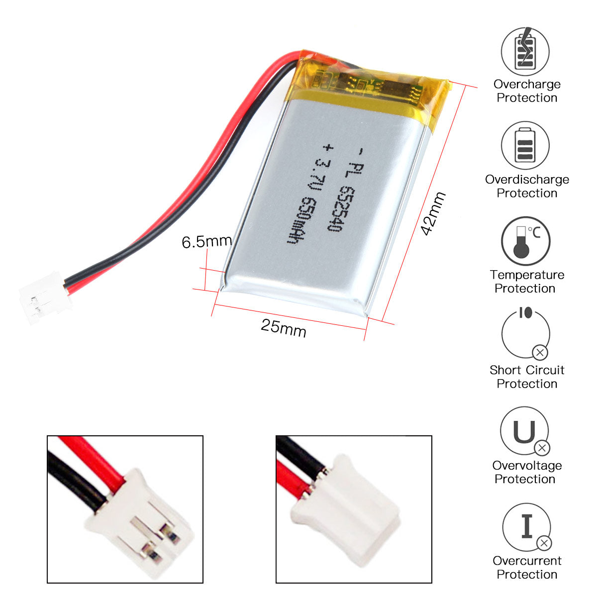 YDL 3.7V 650mAh 652540 充電式リチウムポリマー電池 長さ 42mm