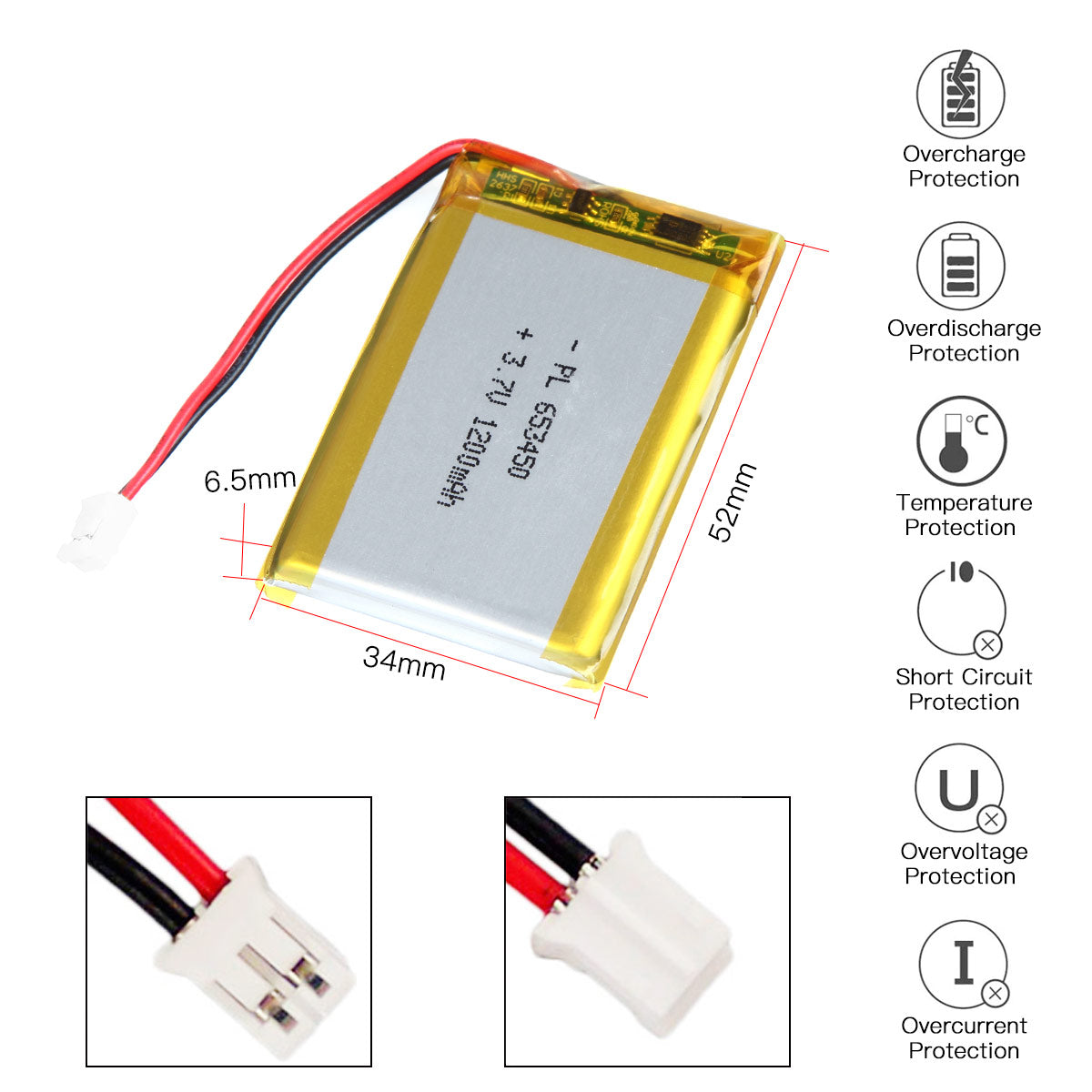 YDL 3.7V 1200mAh 653450 Rechargeable Lithium Polymer Battery Length 52mm