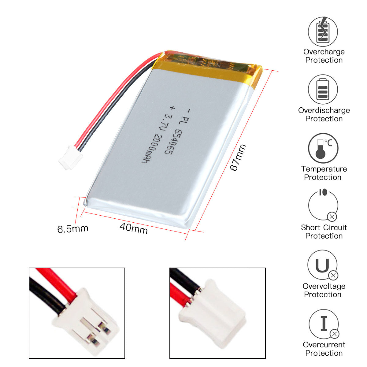 3.7V 2000mAh 654065 充電式リチウムポリマー電池