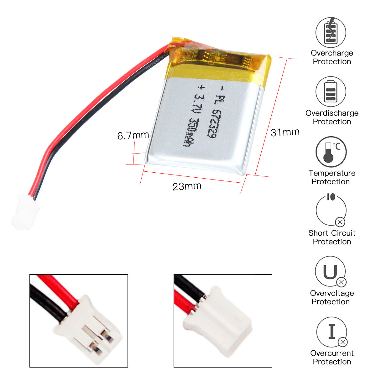 YDL 3.7V 350mAh 672329 充電式ポリマー リチウムイオン電池