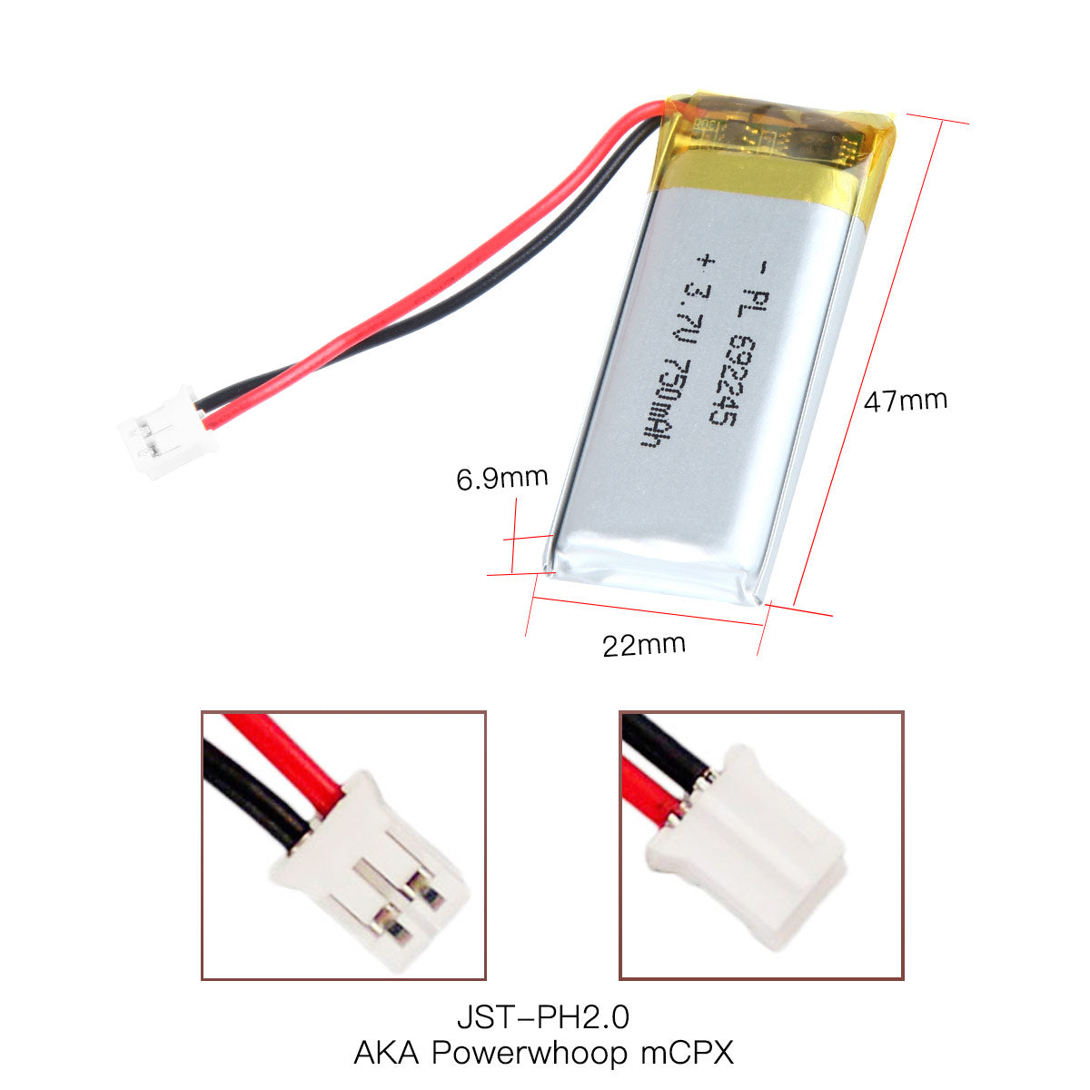 YDL 3.7V 750mAh 692245 Rechargeable Lipo Battery with JST Connector - YDL Battery