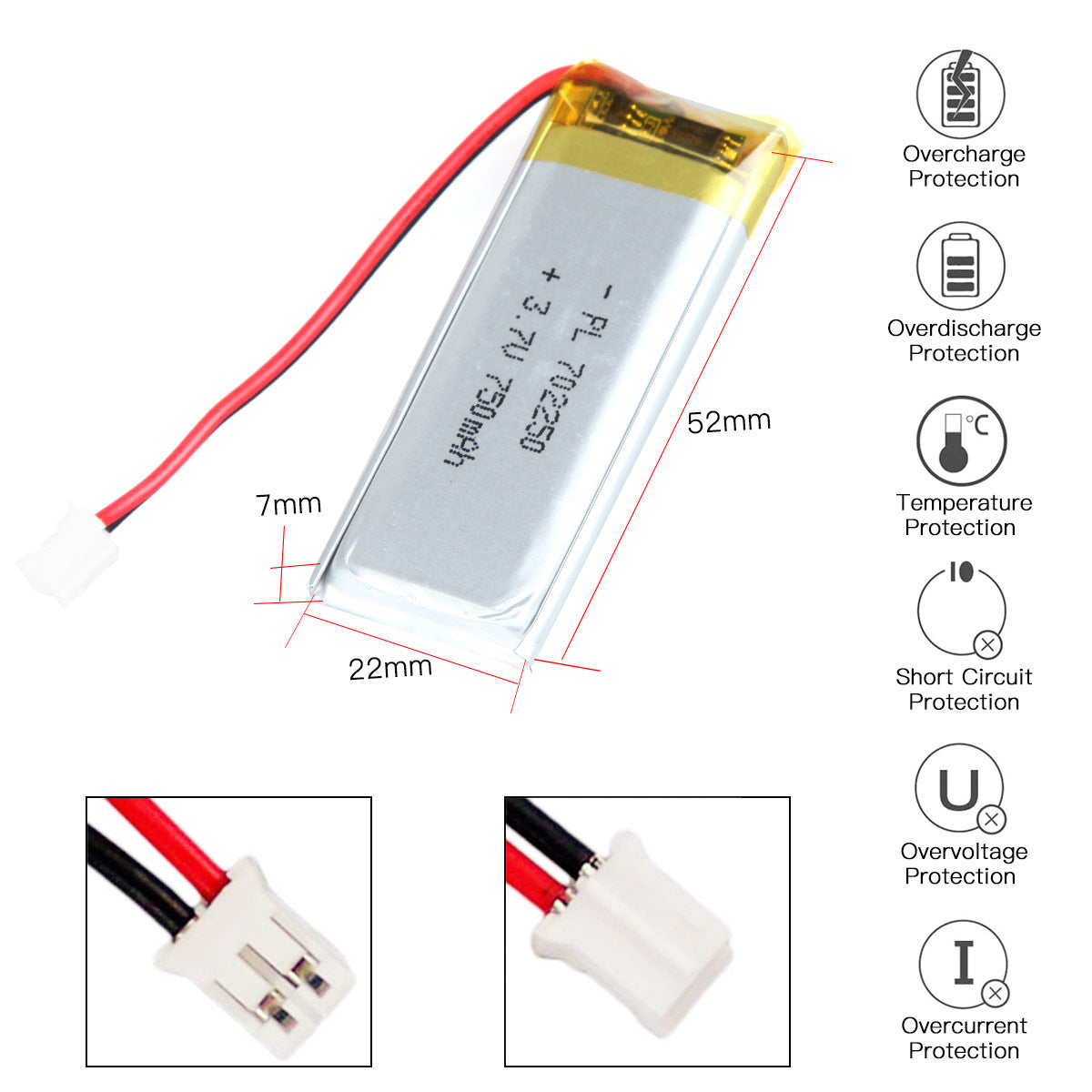 YDL 3.7V 750mAh 702250 Rechargeable Lipo Battery with JST Connector - YDL Battery