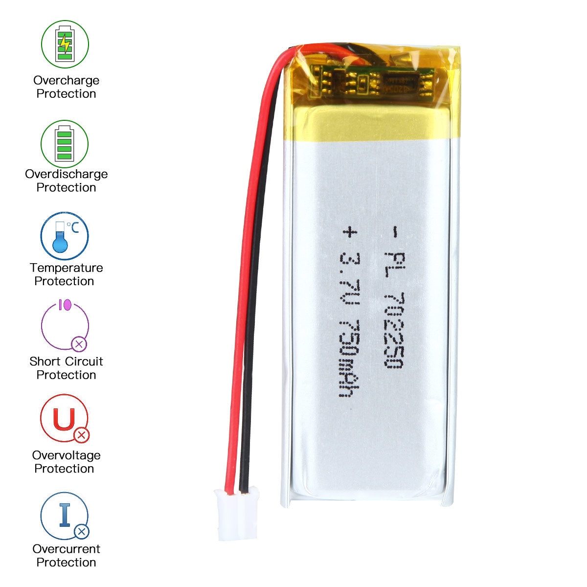 YDL 3.7V 750mAh 702250 Rechargeable Lipo Battery with JST Connector - YDL Battery