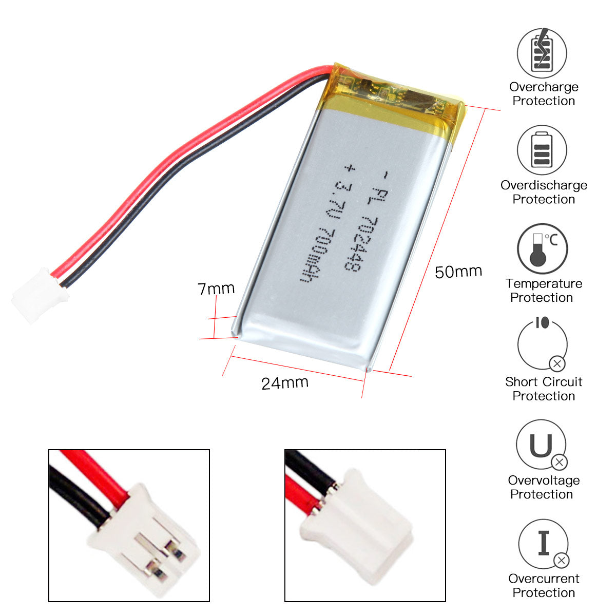 YDL 3.7V 700mAh 702448 充電式リチウムポリマー電池 長さ 50mm