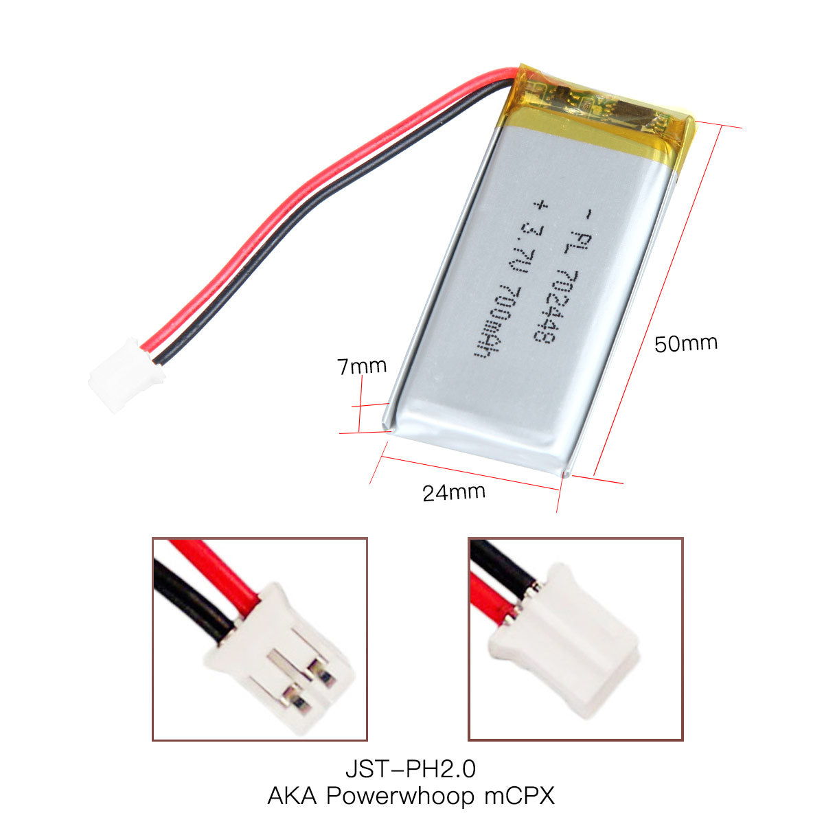 YDL 3.7V 700mAh 702448 充電式リチウムポリマー電池 長さ 50mm