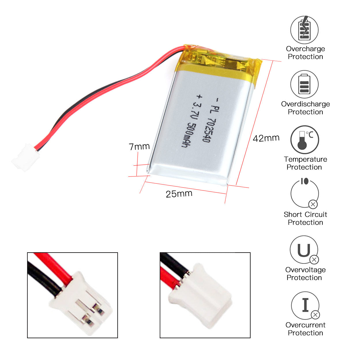 YDL 3.7V 500mAh 702540 충전식 리튬 폴리머 배터리 길이 42mm