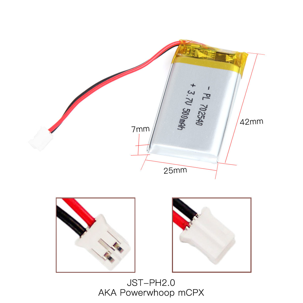 YDL 3.7V 500mAh 702540 충전식 리튬 폴리머 배터리 길이 42mm