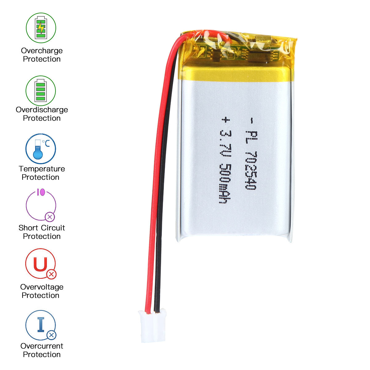 YDL 3.7V 500mAh 702540 충전식 리튬 폴리머 배터리 길이 42mm