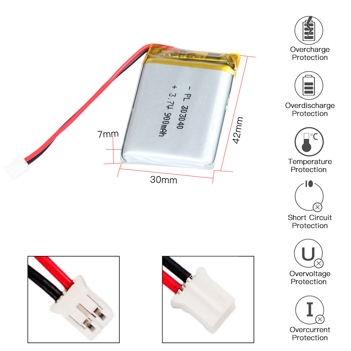YDL 3.7V 900mAh 703040 充電式リチウムポリマー電池 長さ 42mm