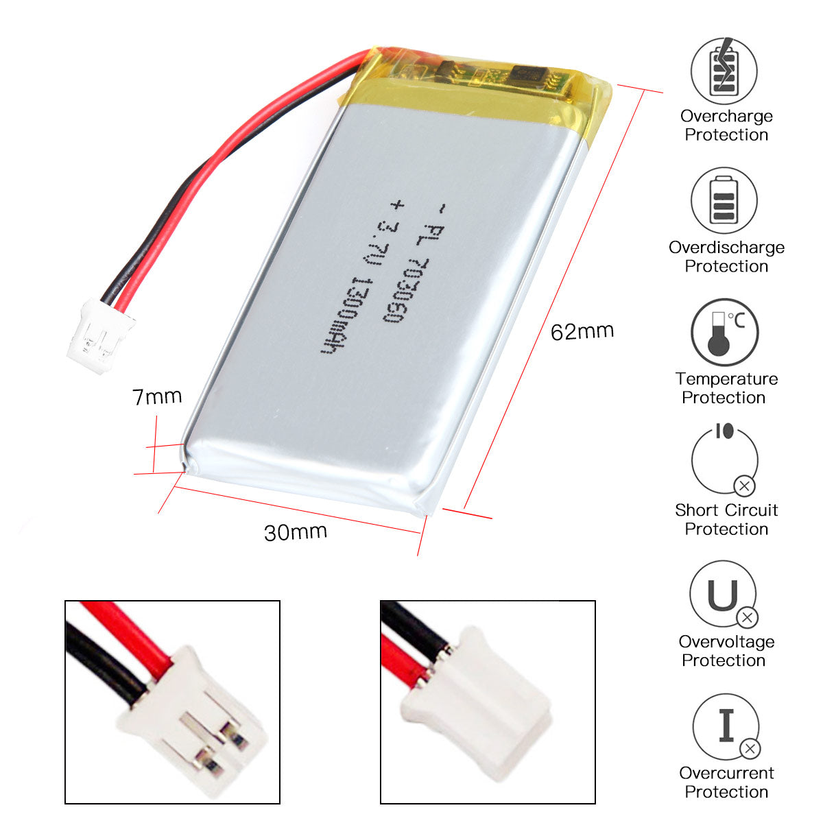 YDL 3.7V 1300mAh 703060 充電式リチウムポリマー電池