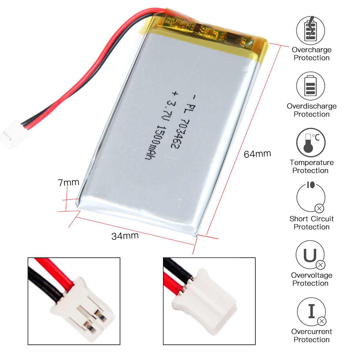YDL 3.7V 1500mAh 703462 充電式リチウムポリマー電池