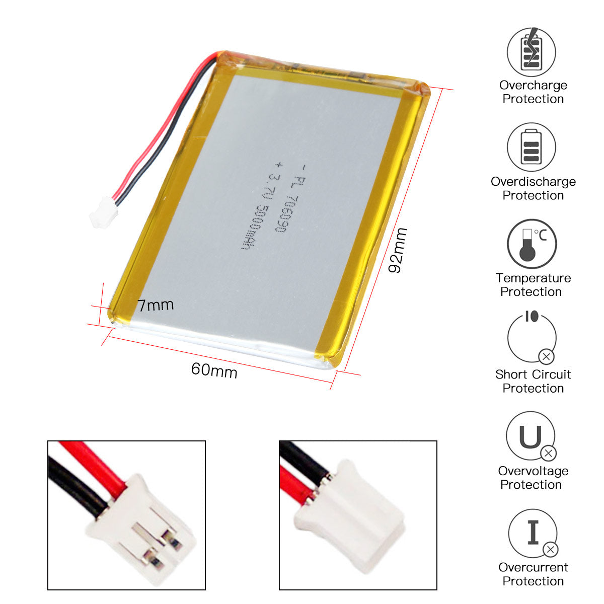 YDL 3.7V 5000mAh 706090 充電式リチウムポリマー電池 長さ 92mm