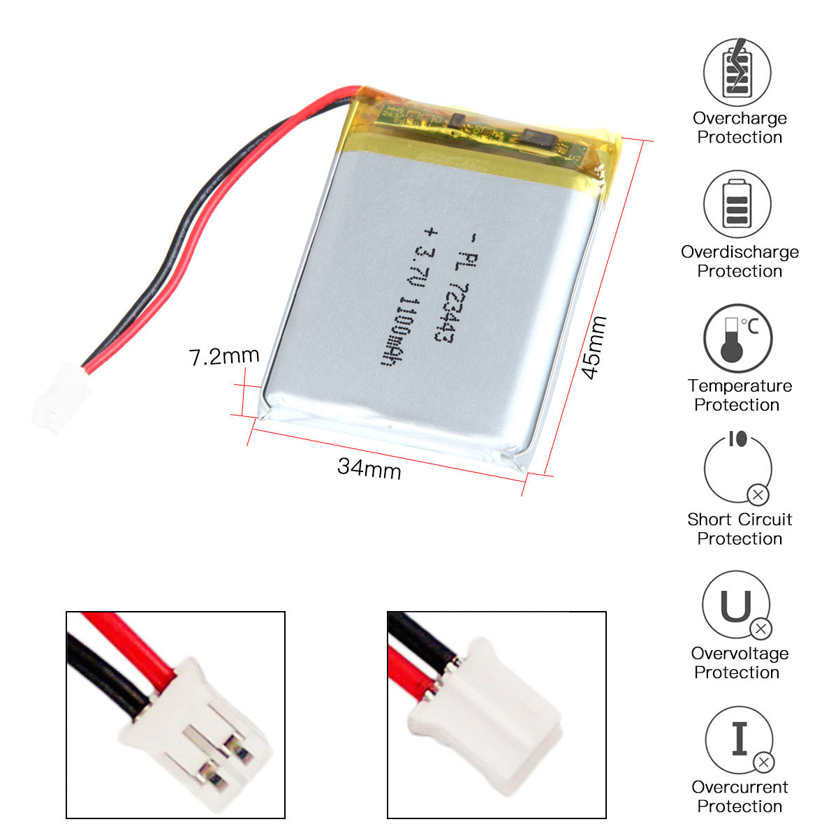 YDL 3.7V 1100mAh 723443 充電式リチウムポリマー電池 長さ 45mm