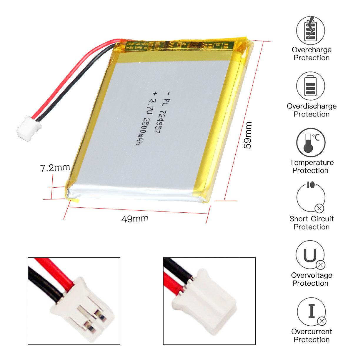 YDL 3.7V 2500mAh 724957 充電式ポリマー リチウムイオン電池 長さ 59mm