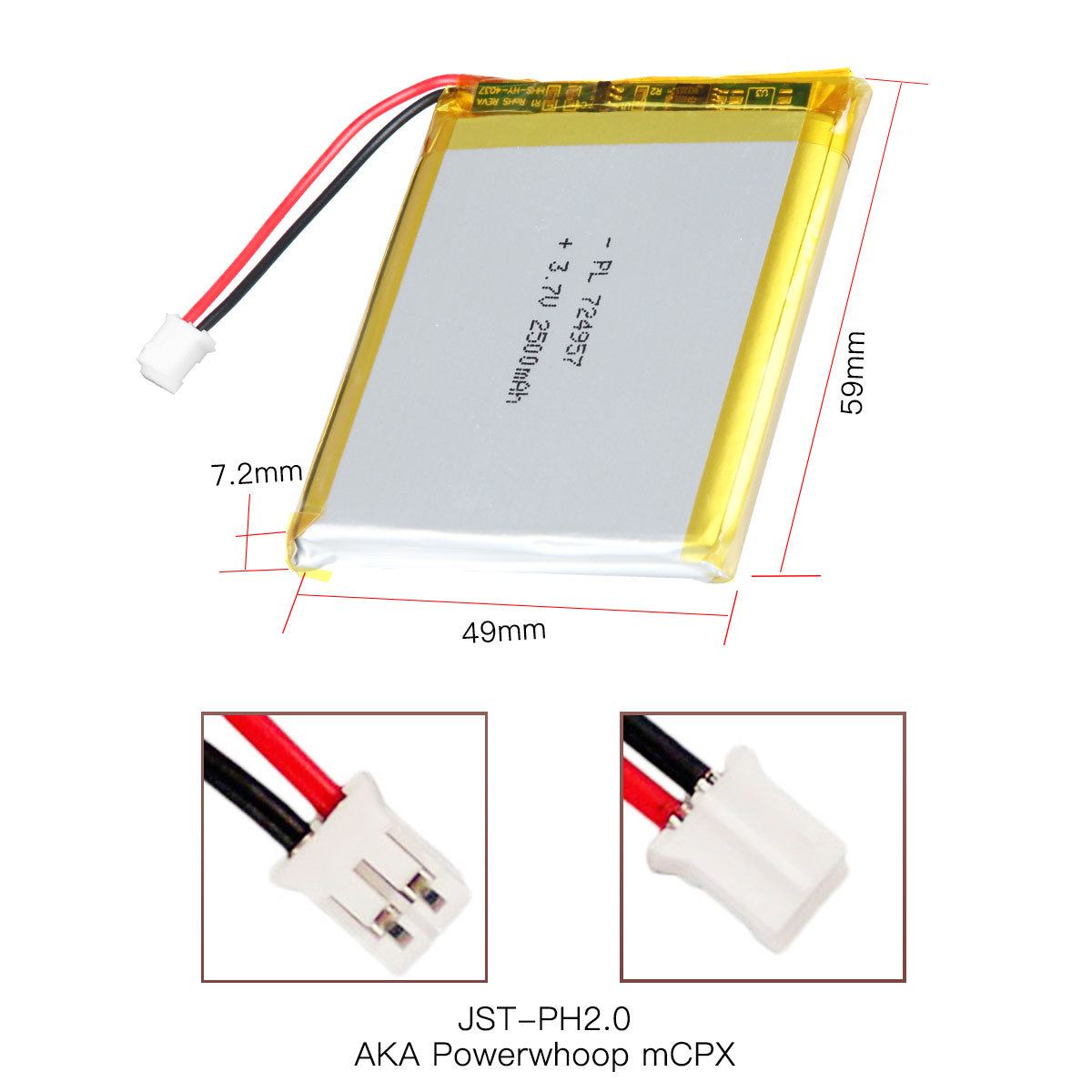 YDL 3.7V 2500mAh 724957 充電式ポリマー リチウムイオン電池 長さ 59mm
