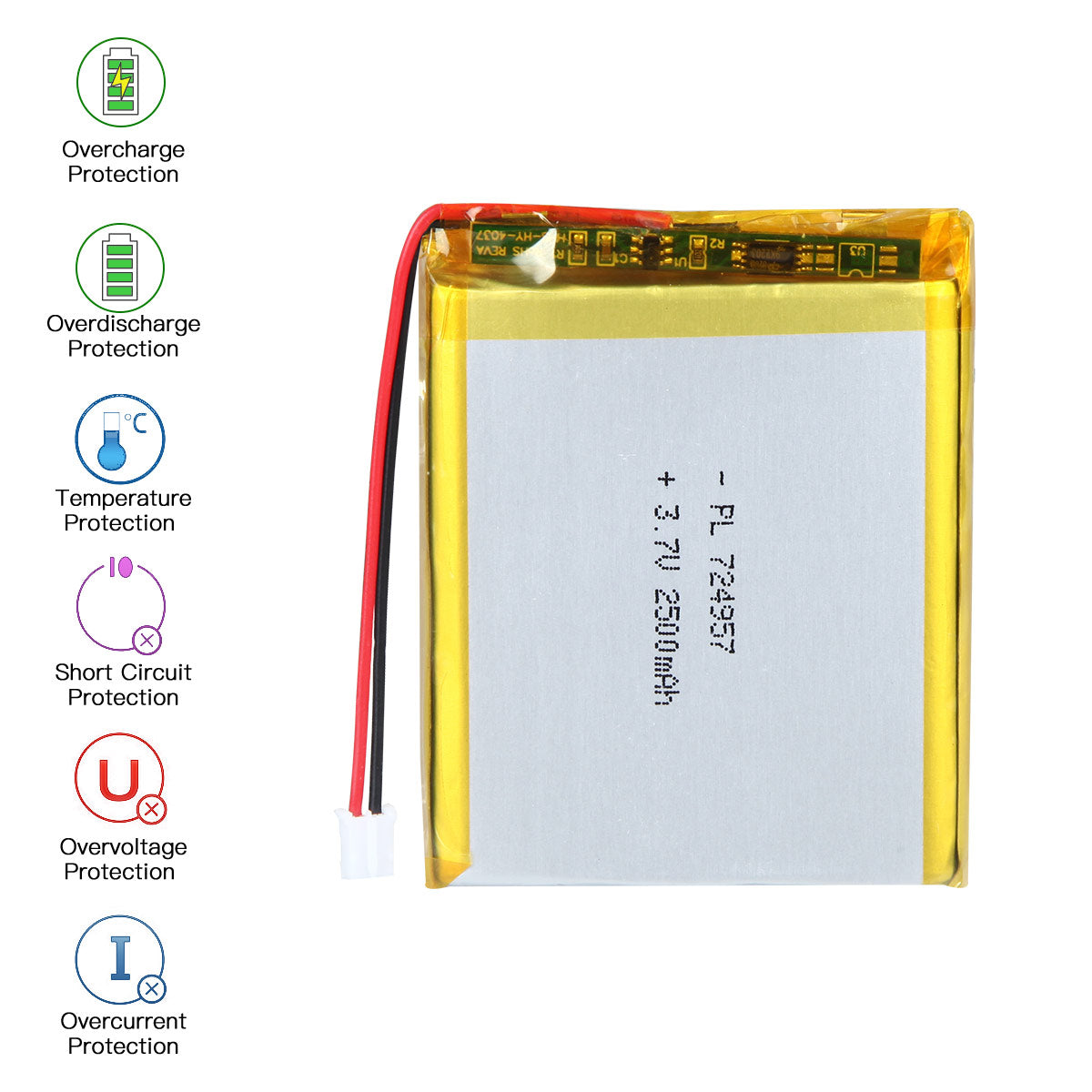 YDL 3.7V 2500mAh 724957 充電式ポリマー リチウムイオン電池 長さ 59mm