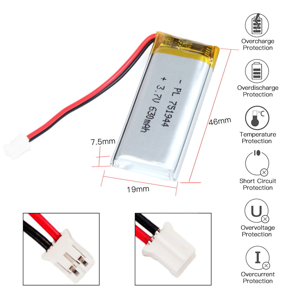 YDL 3.7V 630mAh 751944 充電式リチウムポリマー電池