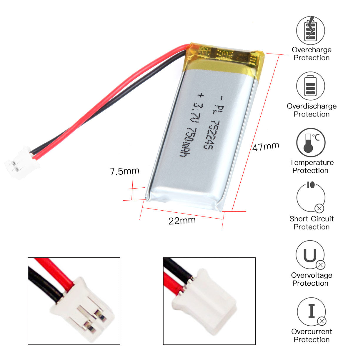 YDL 3.7V 750mAh 752245 Rechargeable Lipo Battery with JST Connector - YDL Battery