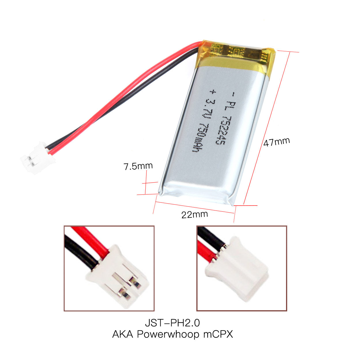 YDL 3.7V 750mAh 752245 Rechargeable Lipo Battery with JST Connector - YDL Battery