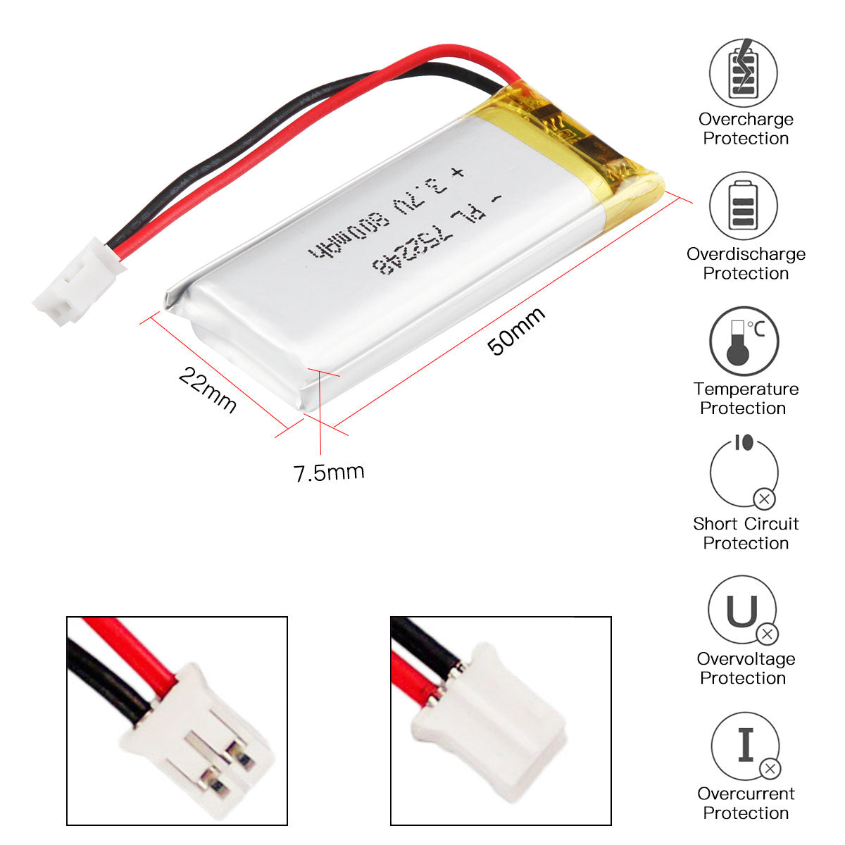 YDL 3.7V 800mAh 752248 Rechargeable Lithium Polymer Battery