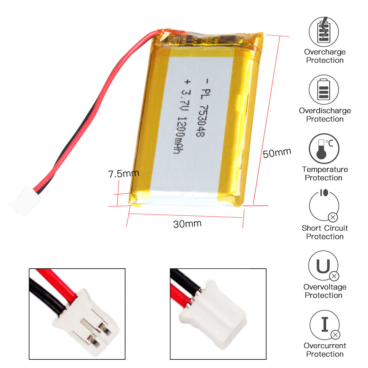 YDL 3.7V 1200mAh 753048 充電式リチウムポリマー電池